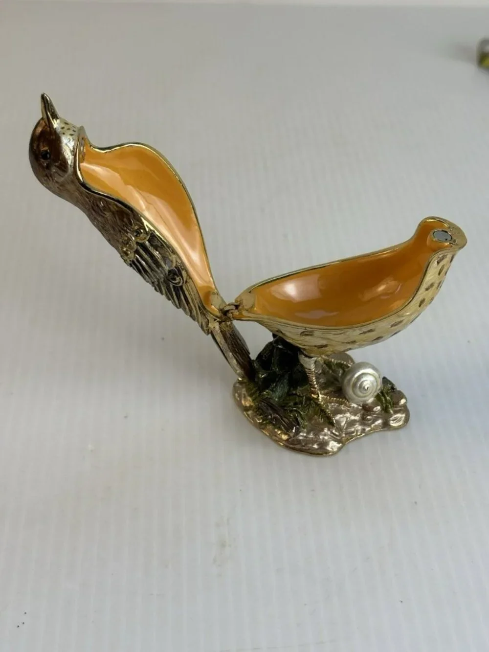 Vtg Brass Song Thrush Bird Trinket Box Jeweled Wings Snail Base Beswick